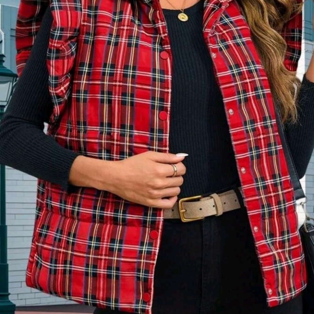 Red Plaid Puffer Vest